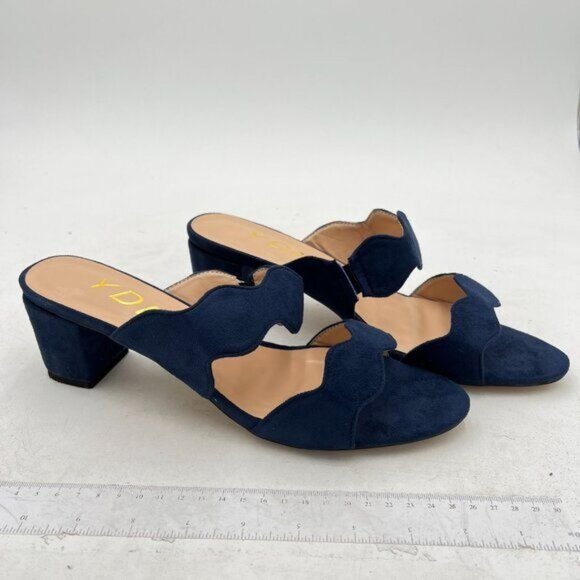 YDN Navy Suede Open Toe Mules Double Band Chunky Low Heel Sandals Beach Shoes - Picture 3 of 7